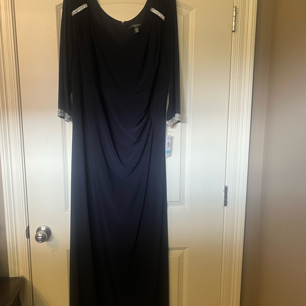 R&M Richards Blue Ruched Cowl Neck Gown